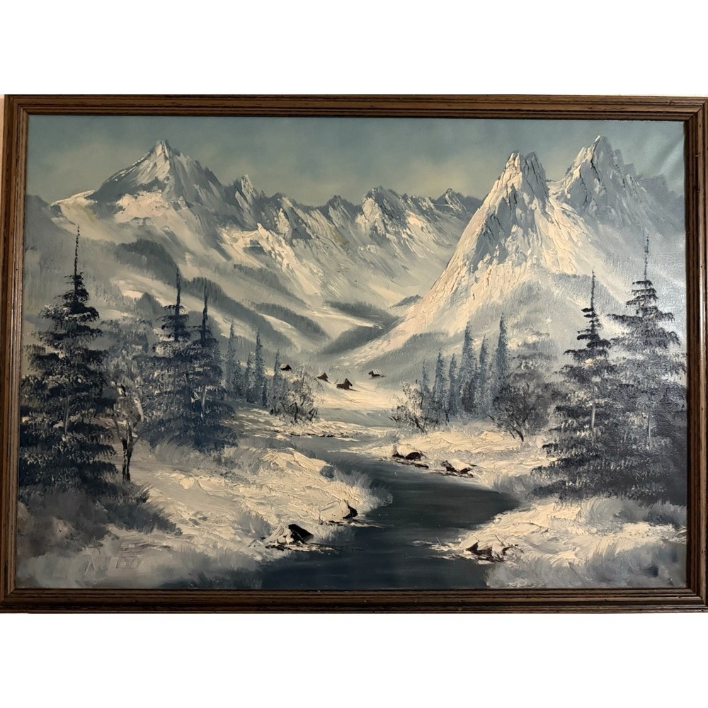 Vintage Original Rabo Dutch Winter Mountain Landscape Oil Painting Large 29 x 21